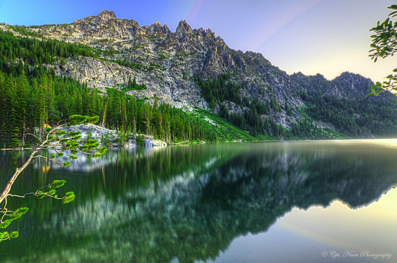 Mountain Lake Reflection — Green, Serene, Sunset, Photograph, Mountains, Trees