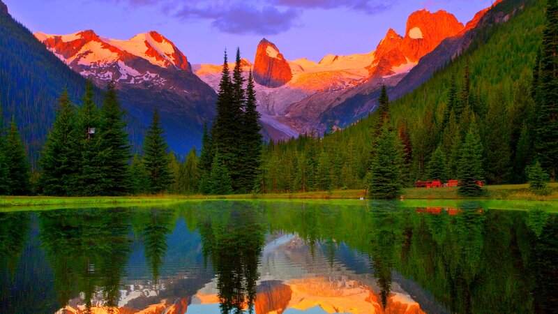 Mountain Lake Reflection — Green, Serene, Sunset, Photograph