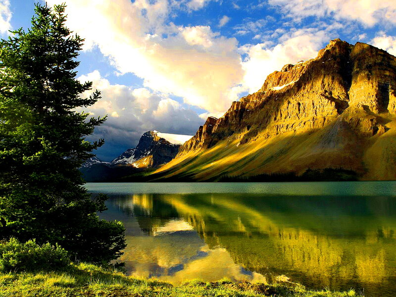 Mountain Lake Reflection — Green, Serene, Sunset, Photograph, Tree