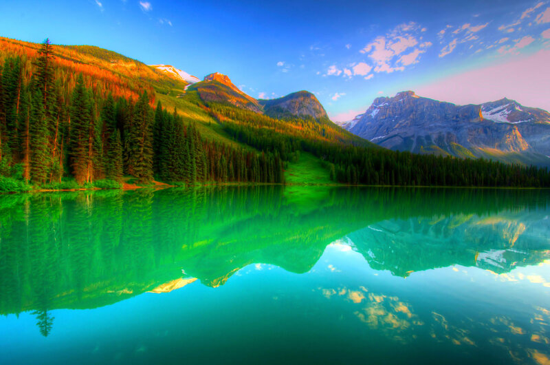 Mountain Lake Reflection — Green, Serene, Sunset, Photograph, Trees, Mountains, Sky
