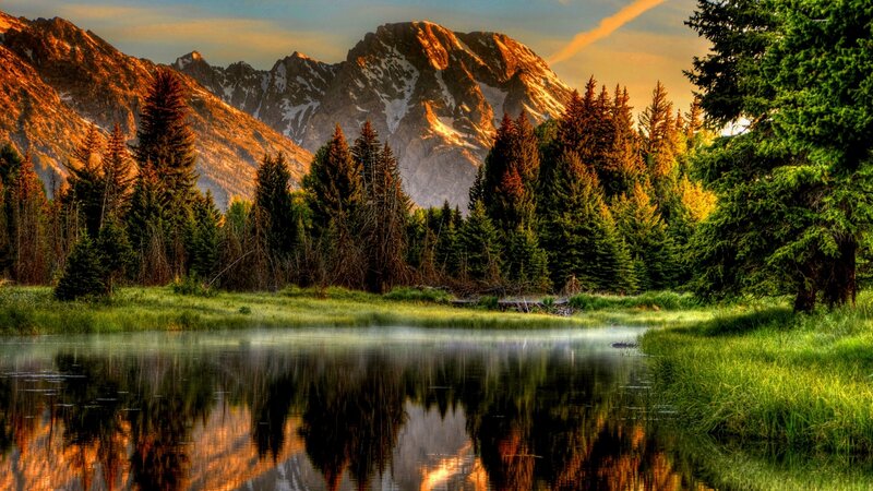 Mountain Lake Reflection — Green, Serene, Sunset, Photograph, Trees, Mountains