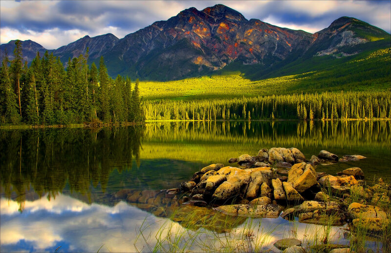 Mountain Lake Reflection — Green, Serene, Sunset, Photograph, Trees, Rocks