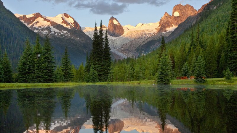Mountain Lake Reflection — Green, Serene, Sunset, Photograph, Trees, Snow-capped Mountains