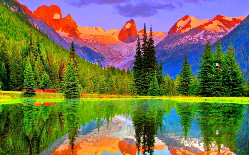 Mountain Lake Reflection — Green, Serene, Sunset, Photograph, Trees, Snow-capped Peaks