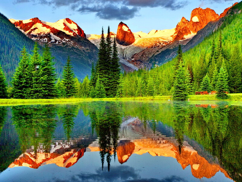 Mountain Lake Reflection — Green, Serene, Sunset, Photograph, Trees