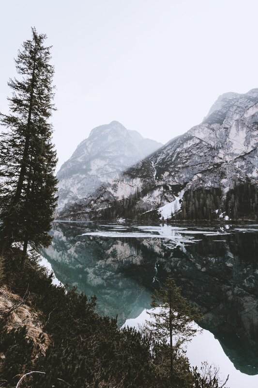 Mountain Lake Reflection — Green, Serene, Winter, Photograph, Trees