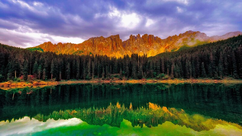 Mountain Lake Reflection — Green, Sunset