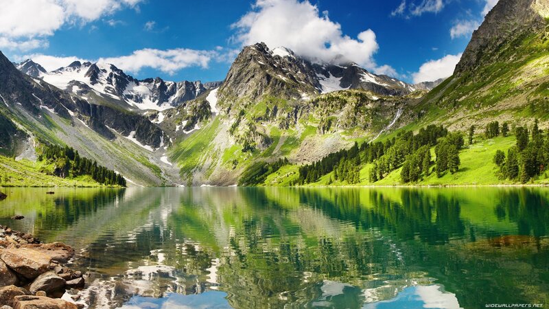 Mountain Lake Reflection — Green, White