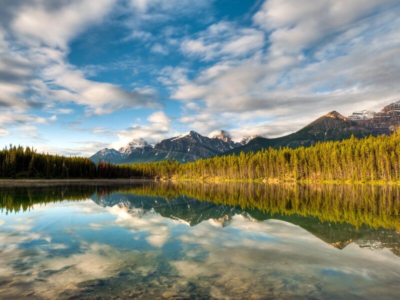 Mountain Lake Reflection — Morning, Clouds