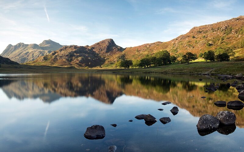 Mountain Lake Reflection — Morning, Rocks