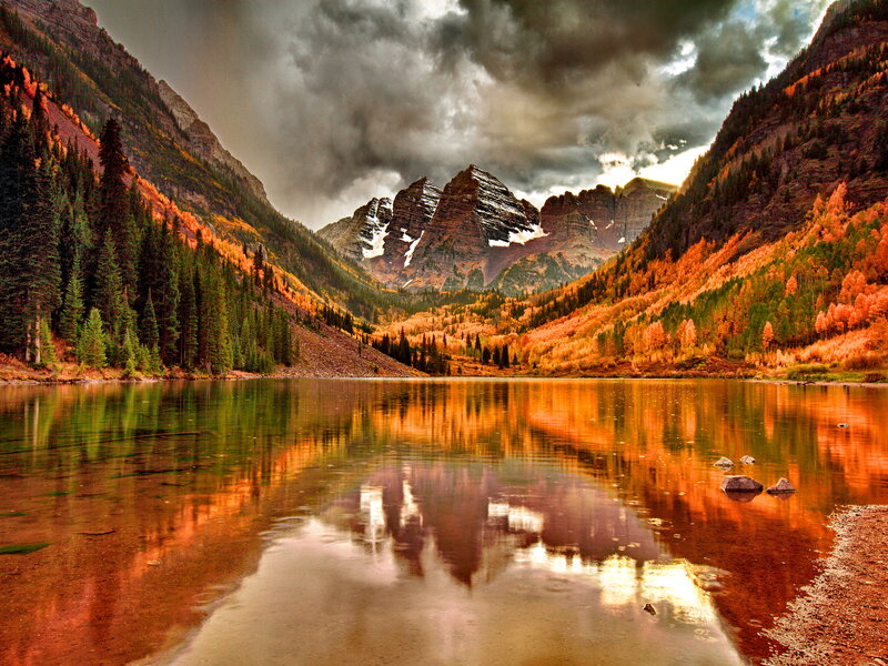Mountain Lake Reflection — Orange, Dramatic, Autumn, Photograph, Mountains, Forest, Clouds