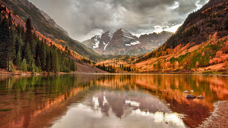 Mountain Lake Reflection — Orange, Dramatic, Autumn, Photograph, Mountains, Forest