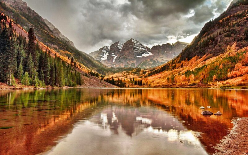 Mountain Lake Reflection — Orange, Dramatic, Autumn, Photograph, Mountains