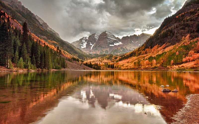 Mountain Lake Reflection — Orange, Dramatic, Autumn, Photograph, Mountains, Trees