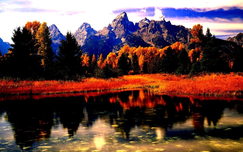 Mountain Lake Reflection — Orange, Dramatic, Autumn, Photograph, Trees, Mountains