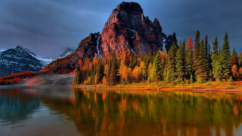 Mountain Lake Reflection — Orange, Dramatic, Autumn, Photograph, Trees