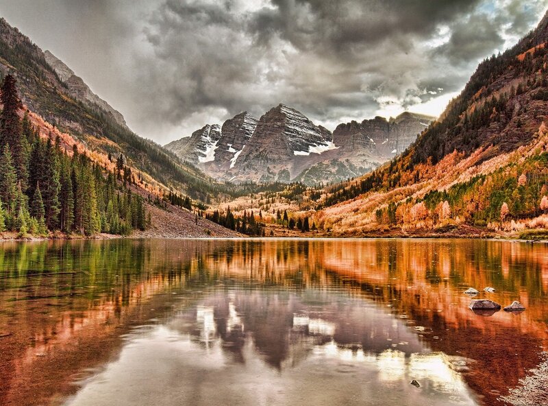 Mountain Lake Reflection — Orange, Dramatic, Autumn