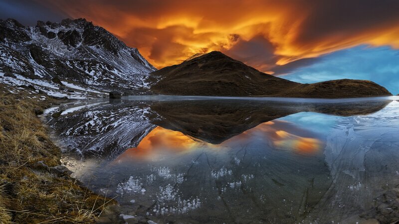 Mountain Lake Reflection — Orange, Dramatic, Sunset, Photograph, Mountains, Sky, Snow