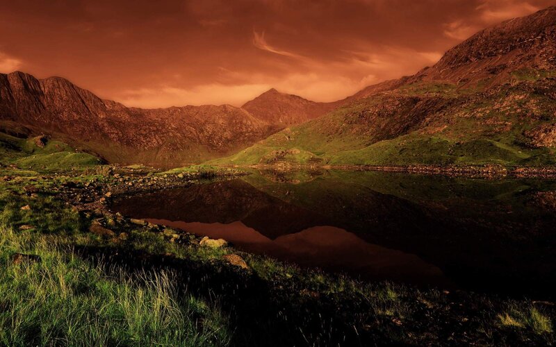 Mountain Lake Reflection — Orange, Dramatic, Sunset, Photograph, Mountains, Sky