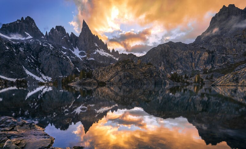 Mountain Lake Reflection — Orange, Dramatic, Sunset, Photograph, Mountains, Snow