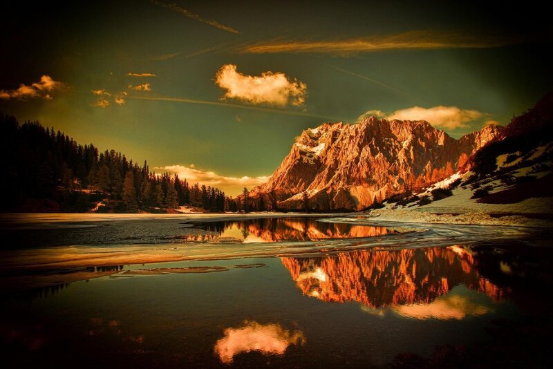 Mountain Lake Reflection — Orange, Dramatic, Sunset, Photograph, Mountains