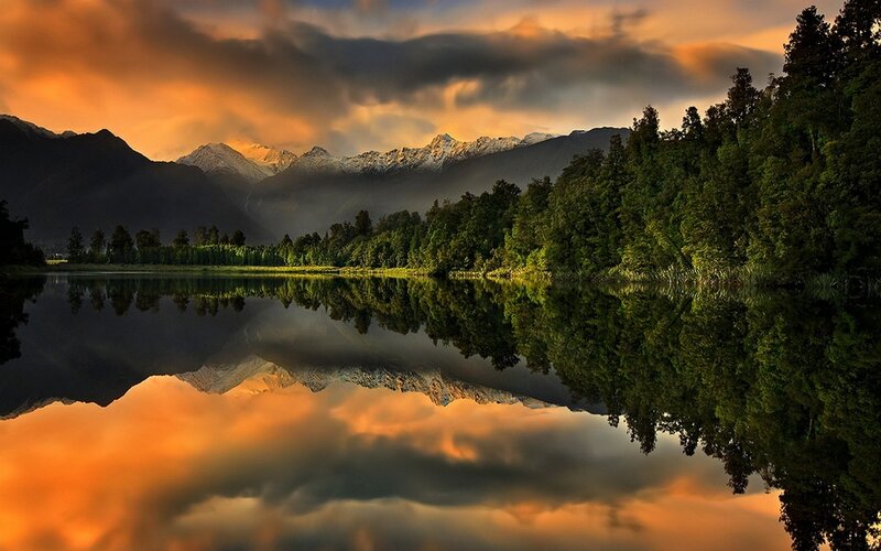 Mountain Lake Reflection — Orange, Dramatic, Sunset, Photograph, Mountains, Trees, Clouds
