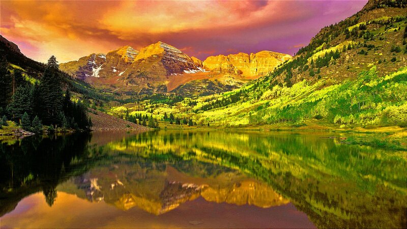 Mountain Lake Reflection — Orange, Dramatic, Sunset, Photograph