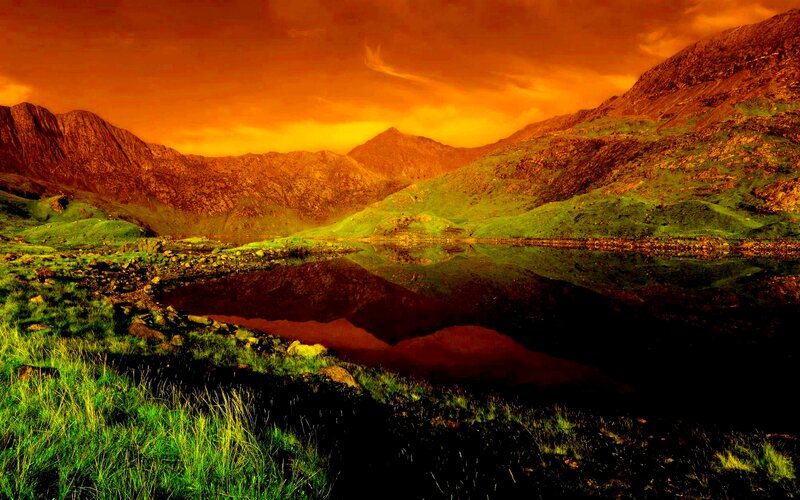 Mountain Lake Reflection — Orange, Dramatic, Sunset