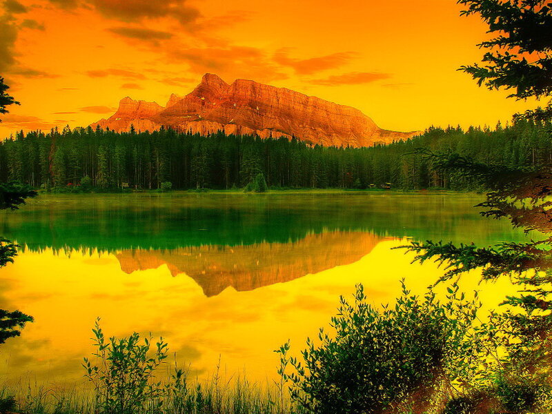 Mountain Lake Reflection — Orange, Serene, Sunset, Photograph, Forest