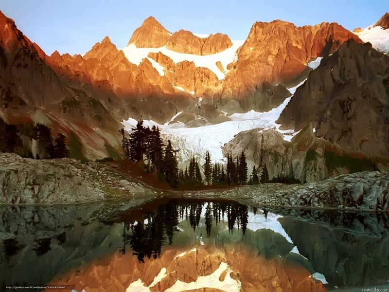 Mountain Lake Reflection — Orange, Serene, Sunset, Photograph, Mountains, Glacier