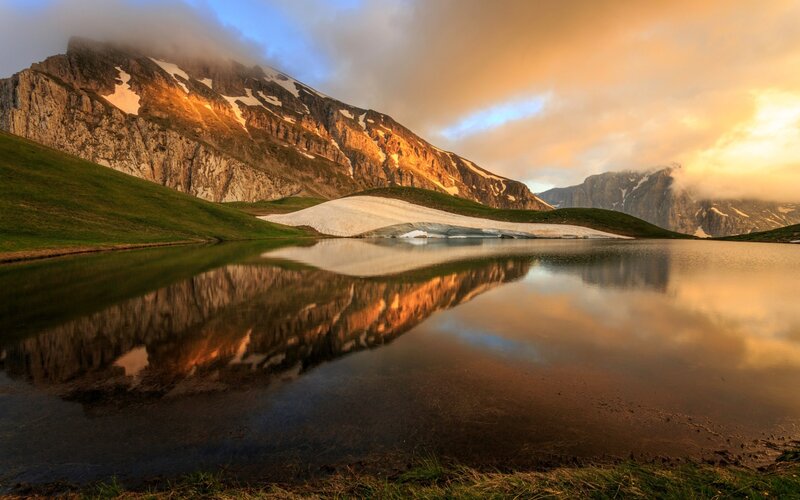 Mountain Lake Reflection — Orange, Serene, Sunset, Photograph, Mountains, Snow