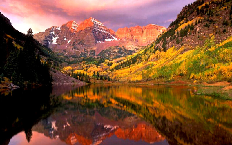 Mountain Lake Reflection — Orange, Serene, Sunset, Photograph, Mountains