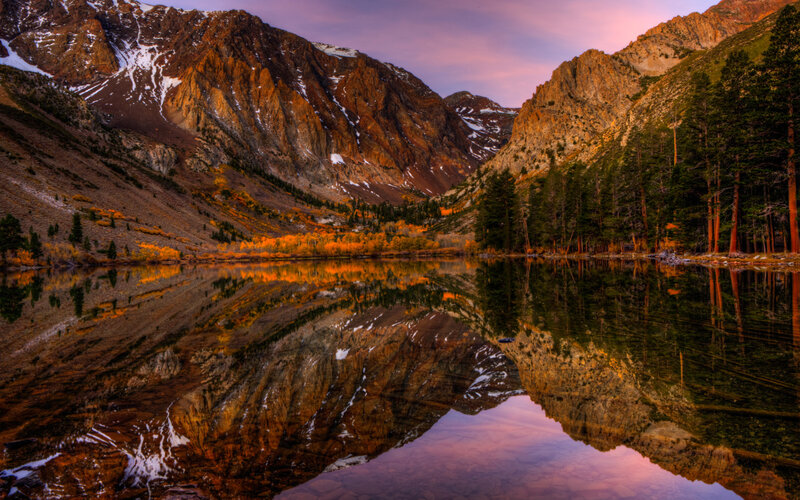 Mountain Lake Reflection — Orange, Serene, Sunset, Photograph, Mountains, Trees, Autumn Foliage