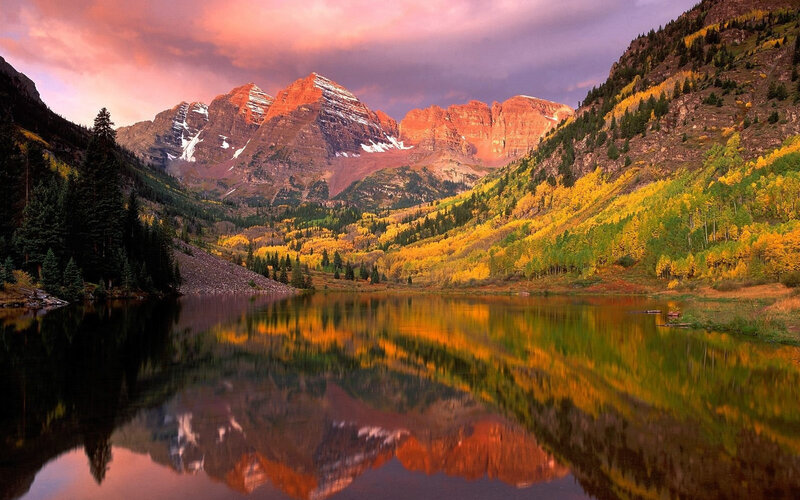 Mountain Lake Reflection — Orange, Serene, Sunset, Photograph, Mountains, Trees, Yellow, Purple