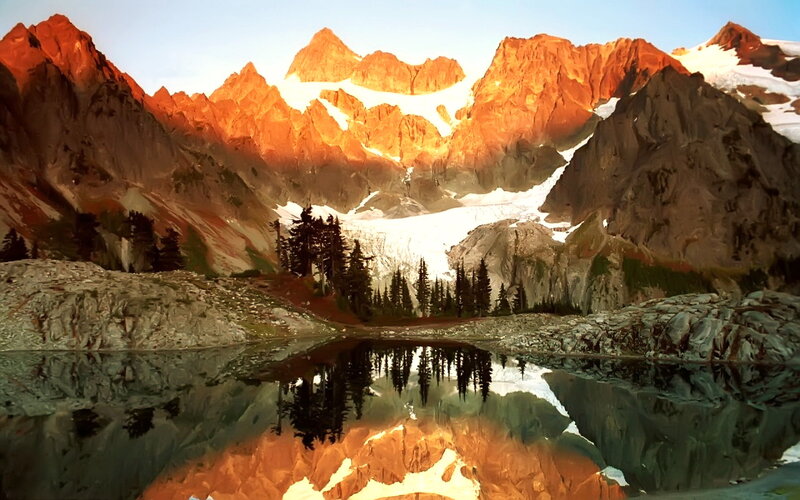 Mountain Lake Reflection — Orange, Serene, Sunset, Photograph