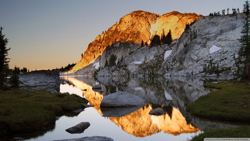 Mountain Lake Reflection — Orange, Serene, Sunset, Photograph, Trees