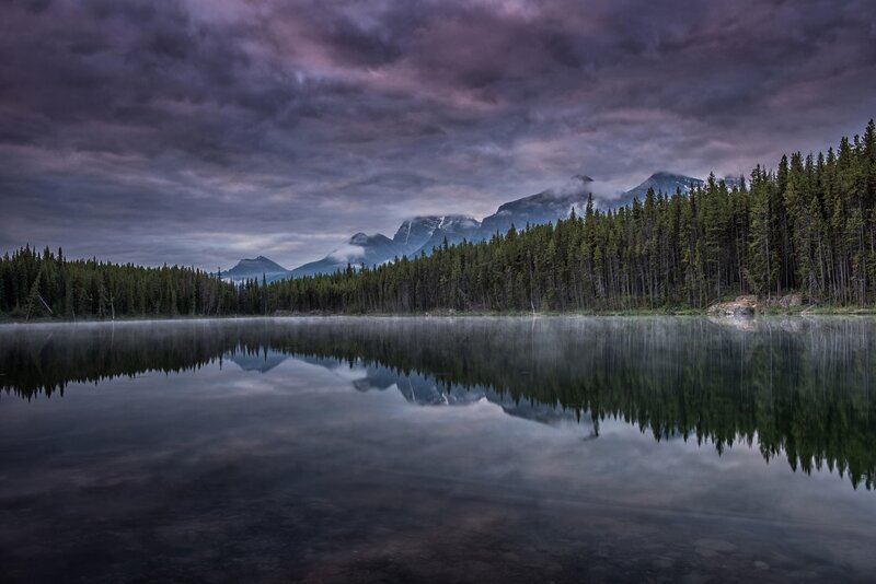 Mountain Lake Reflection — Purple, Dramatic, Morning