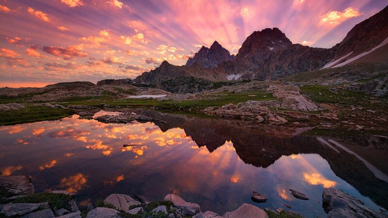 Mountain Lake Reflection — Purple, Dramatic, Sunset, Photograph, Mountains, Sky
