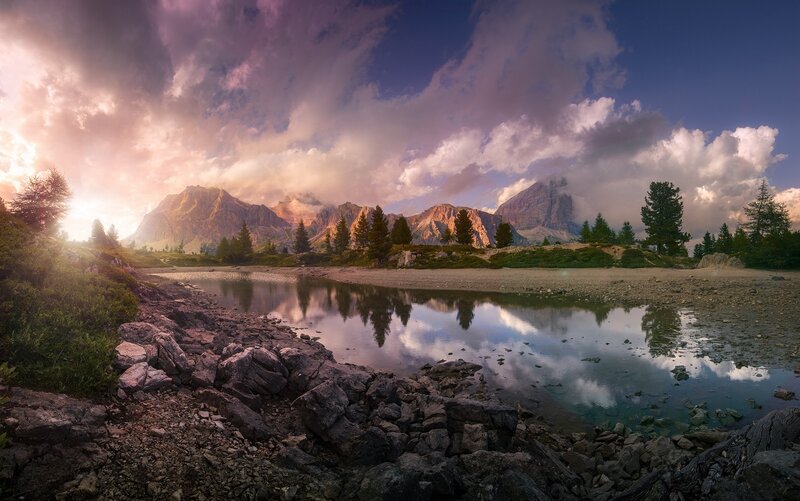 Mountain Lake Reflection — Purple, Dramatic, Sunset, Photograph, Mountains