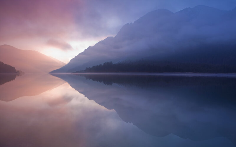 Mountain Lake Reflection — Purple, Serene, Sunrise, Photograph