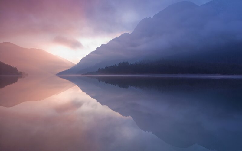 Mountain Lake Reflection — Purple, Serene, Sunrise