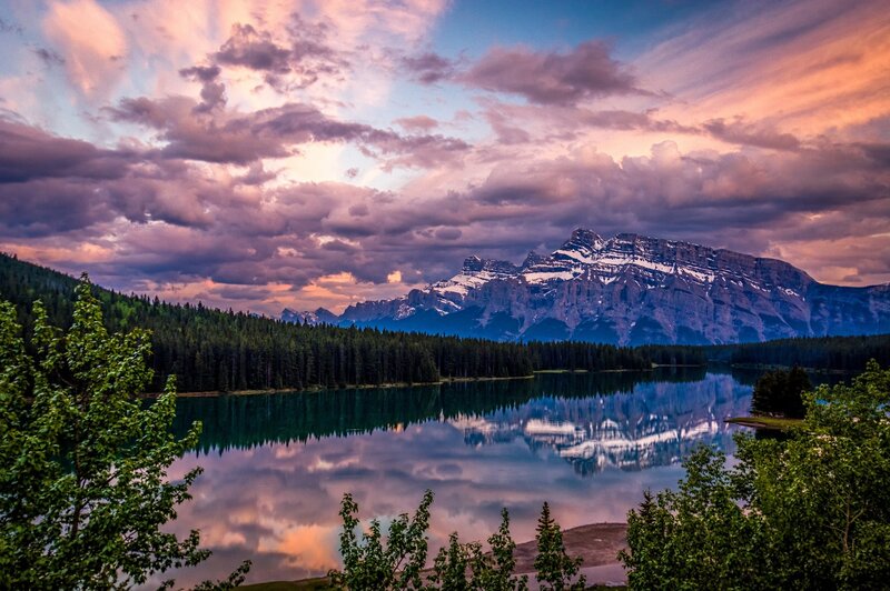 Mountain Lake Reflection — Purple, Serene, Sunset, Photograph, Mountains, Forest, Clouds