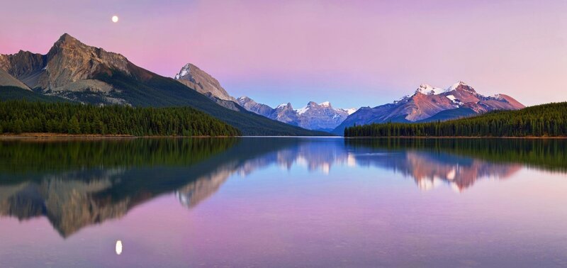 Mountain Lake Reflection — Purple, Serene, Sunset, Photograph, Mountains, Forest