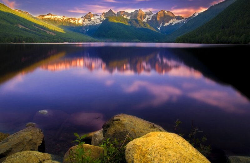 Mountain Lake Reflection — Purple, Serene, Sunset, Photograph, Mountains