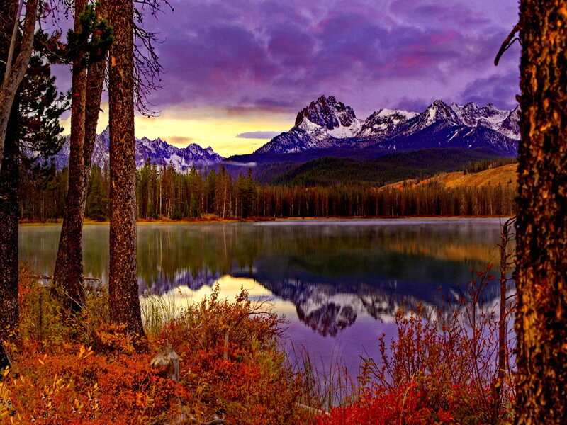 Mountain Lake Reflection — Purple, Serene, Sunset, Photograph