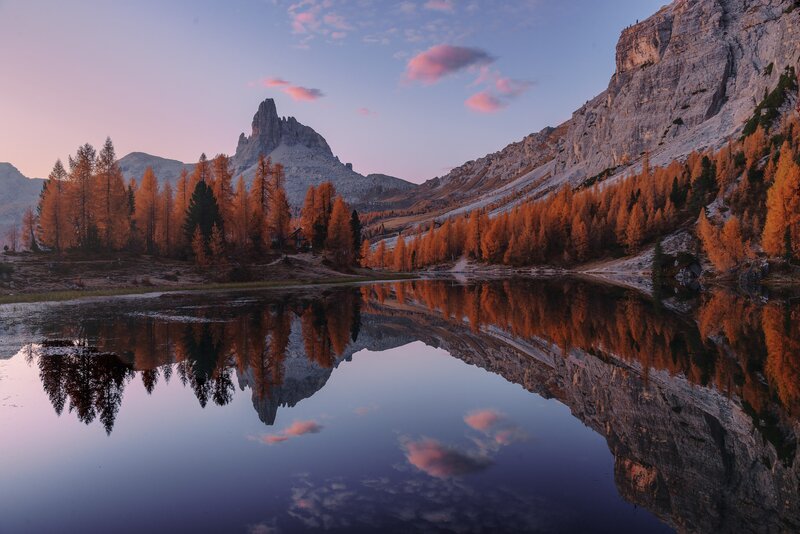 Mountain Lake Reflection — Purple, Serene, Sunset, Photograph, Trees, Mountains