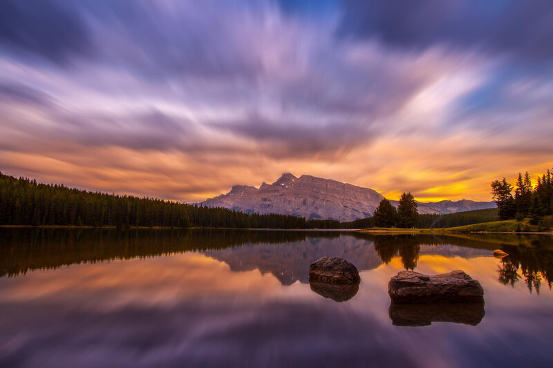 Mountain Lake Reflection — Purple, Serene, Sunset, Photograph, Trees