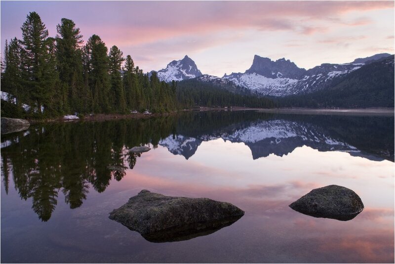 Mountain Lake Reflection — Purple, Serene, Sunset