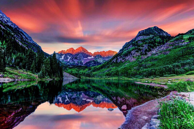 Mountain Lake Reflection — Red, Dramatic, Sunset, Photograph