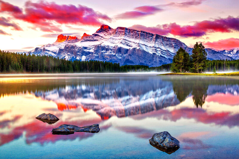 Mountain Lake Reflection — Red, Serene